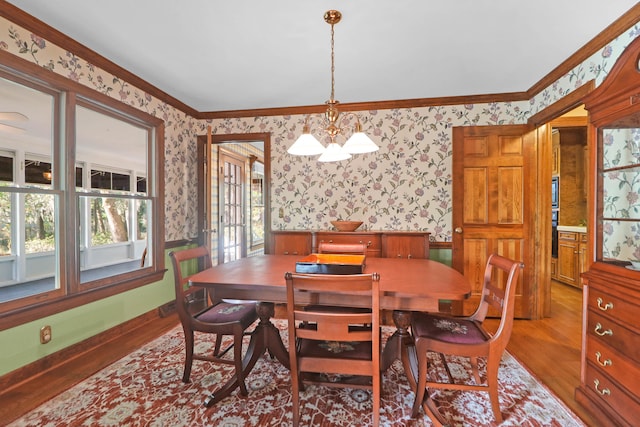 dining space featuring crown molding, wood-type flooring, and plenty of natural light