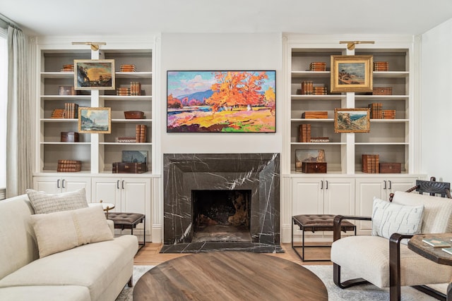 living area featuring a premium fireplace and light hardwood / wood-style flooring