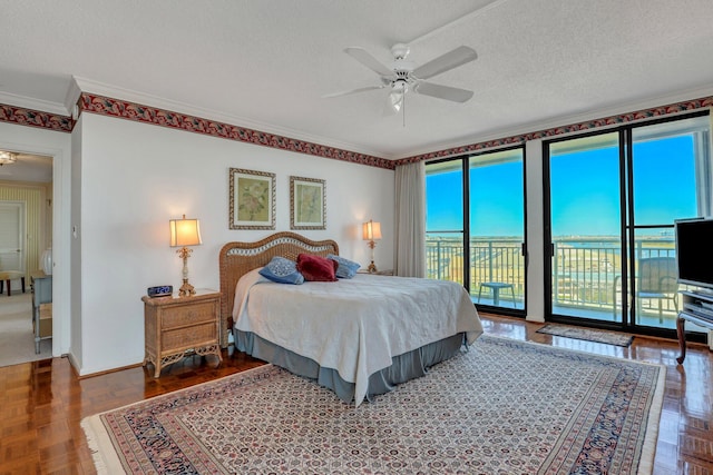 bedroom featuring ornamental molding, a textured ceiling, access to outside, and ceiling fan