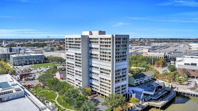 view of building exterior with a water view