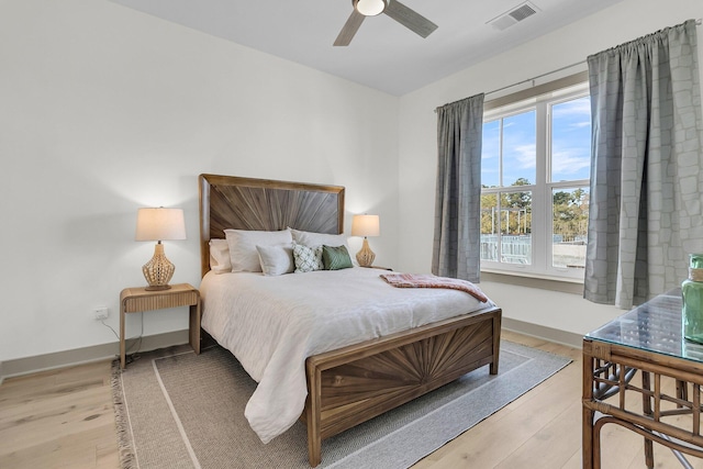 bedroom featuring ceiling fan and light hardwood / wood-style floors