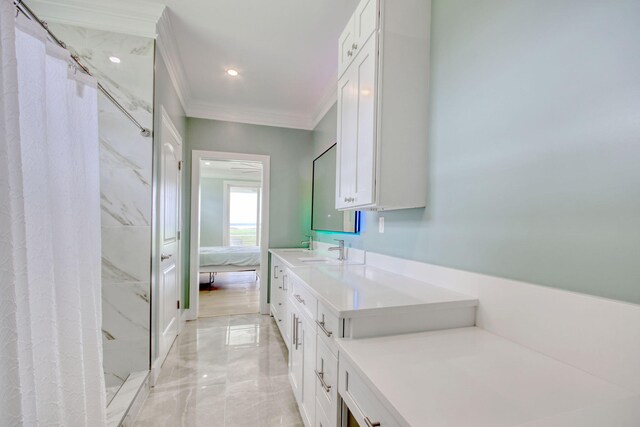 125 Oak Bay Dr, Georgetown, SC 29440 - ensuite bathroom with ornamental molding, curtained shower, vanity, marble finish flooring, and recessed lighting