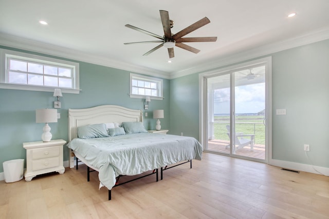 125 Oak Bay Dr, Georgetown, SC 29440 - bedroom with ornamental molding, access to outside, light wood-style flooring, recessed lighting, and ceiling fan