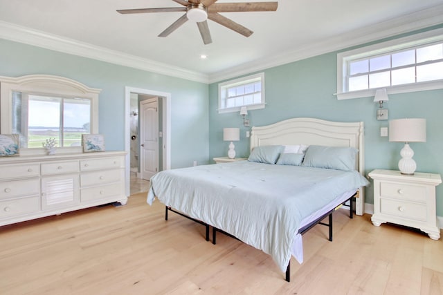 125 Oak Bay Dr, Georgetown, SC 29440 - bedroom featuring light wood finished floors, ornamental molding, a ceiling fan, and ensuite bathroom