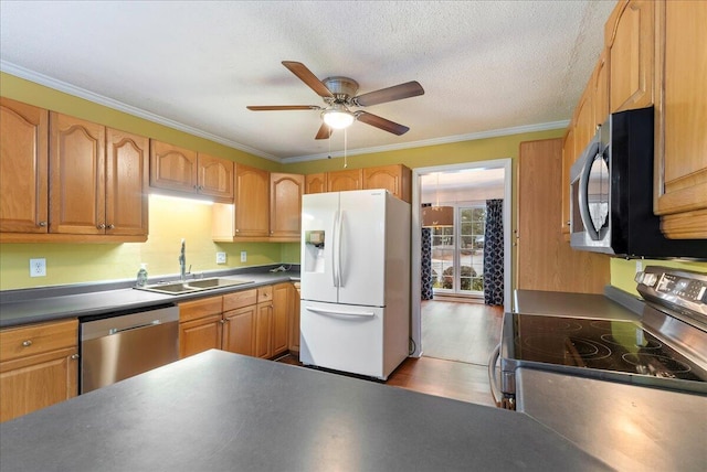 kitchen featuring sink, crown molding, a textured ceiling, appliances with stainless steel finishes, and ceiling fan