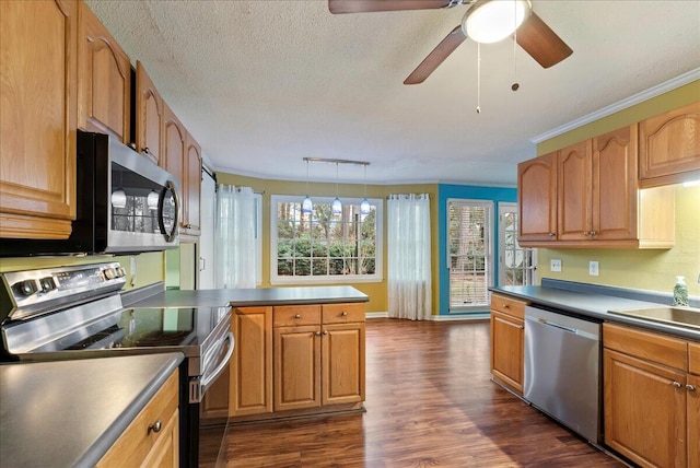 kitchen with hanging light fixtures, ornamental molding, stainless steel appliances, dark wood-type flooring, and a textured ceiling