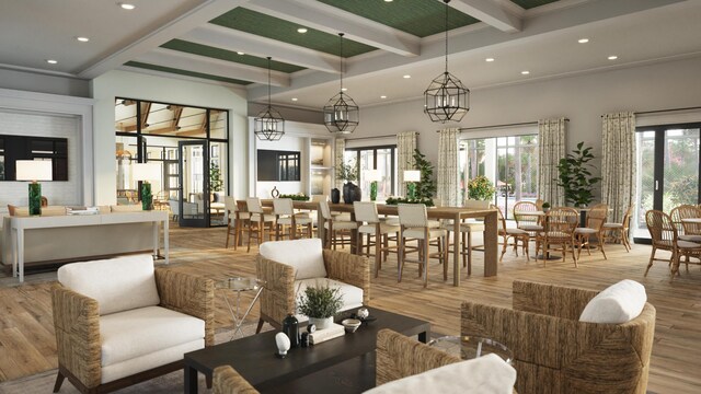 common area with beamed ceiling, recessed lighting, and coffered ceiling