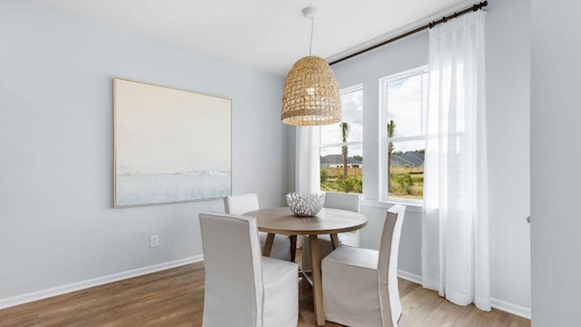 dining room featuring wood finished floors and baseboards
