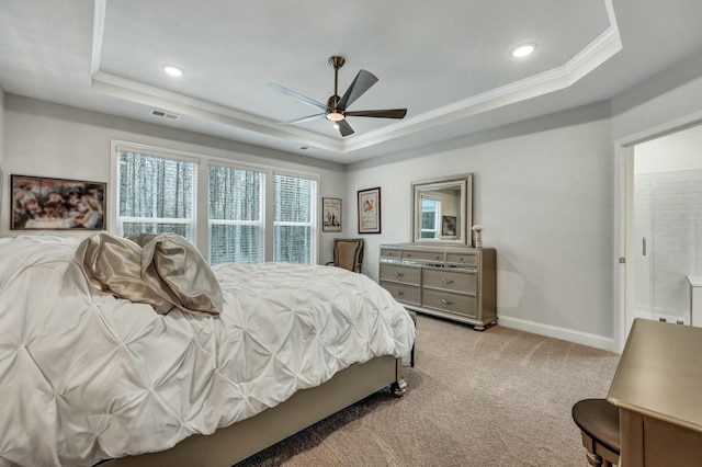 carpeted bedroom with crown molding, a raised ceiling, and ceiling fan