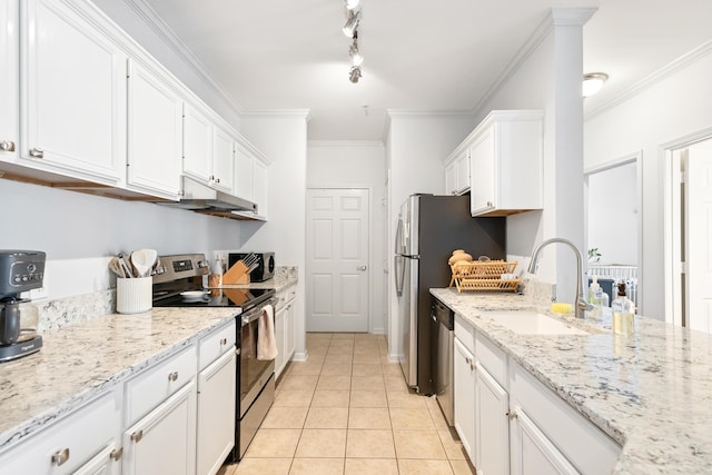 kitchen with crown molding, appliances with stainless steel finishes, sink, and white cabinets