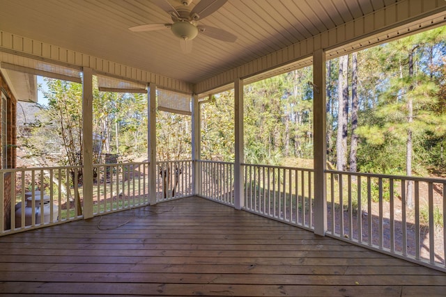 unfurnished sunroom featuring ceiling fan and wood ceiling