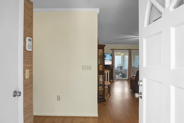 hall with crown molding and wood finished floors