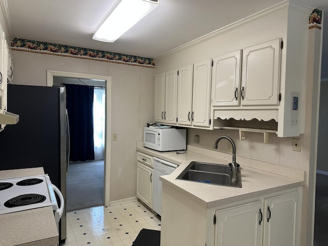 kitchen featuring dishwasher, a sink, light countertops, white cabinets, and white microwave