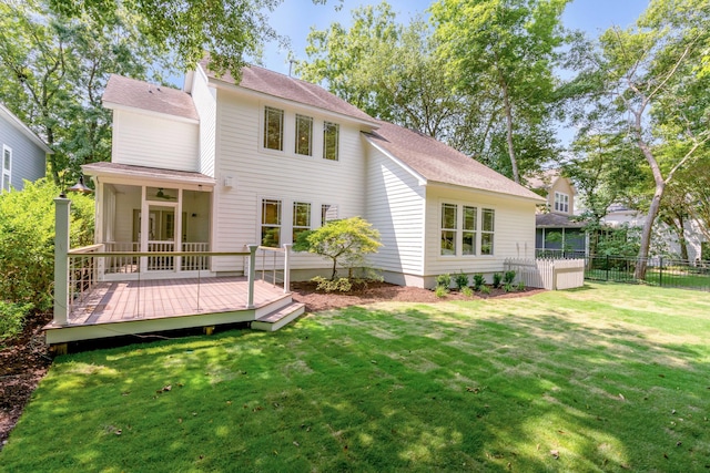 7053 Schooner St, Daniel Island, SC 29492 - rear view of house with ceiling fan, a wooden deck, and roof with shingles