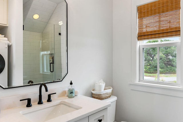 3023 Eventide Dr, Johns Island, SC 29455 - full bath with vanity, a shower stall, healthy amount of natural light, toilet, and lofted ceiling