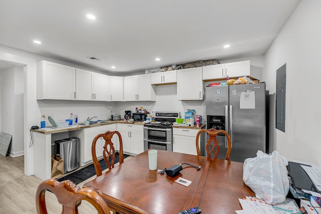 3043 Matipan Ave, North Charleston, SC 29405 - kitchen featuring stainless steel appliances, white cabinets, light wood-type flooring, recessed lighting, and electric panel