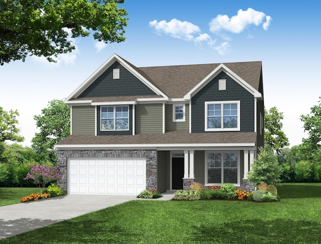 craftsman inspired home featuring a garage, a shingled roof, driveway, stone siding, and a front lawn