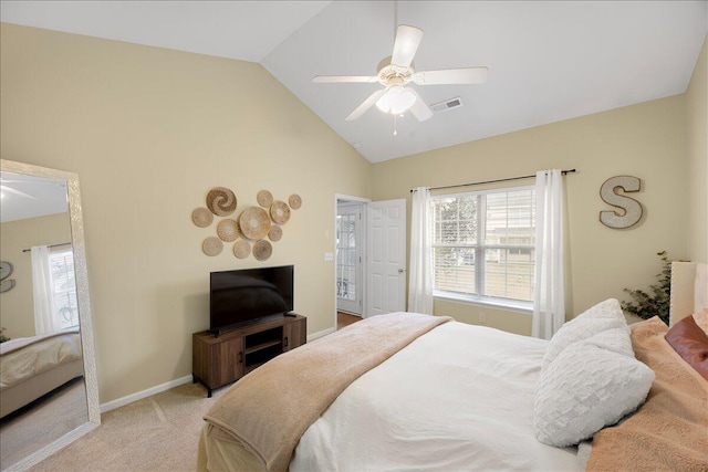 bedroom featuring visible vents, a ceiling fan, baseboards, lofted ceiling, and light colored carpet