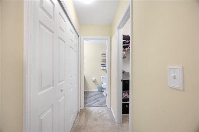 corridor with baseboards and light carpet