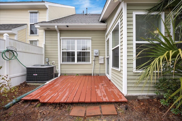 deck featuring central AC unit and fence