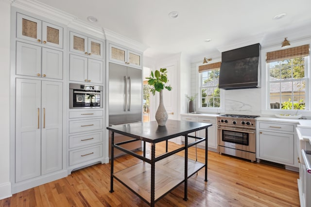 kitchen with glass insert cabinets, high quality appliances, exhaust hood, and light wood finished floors