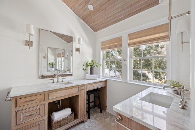 bathroom with wood ceiling, vanity, and vaulted ceiling