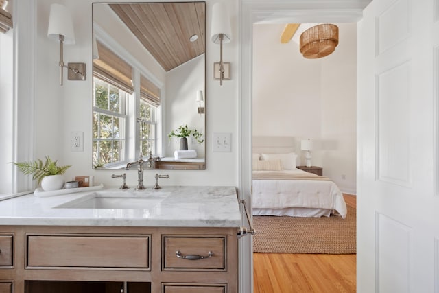 bathroom featuring vaulted ceiling, vanity, and wood finished floors