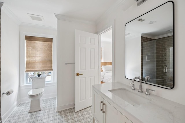 bathroom featuring vanity, crown molding, toilet, and a shower stall