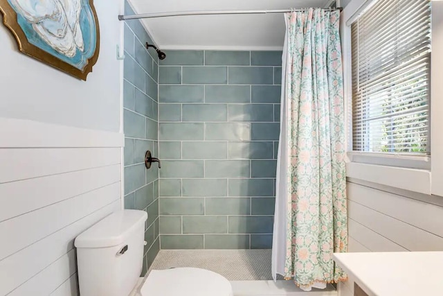 bathroom featuring walk in shower, vanity, and toilet