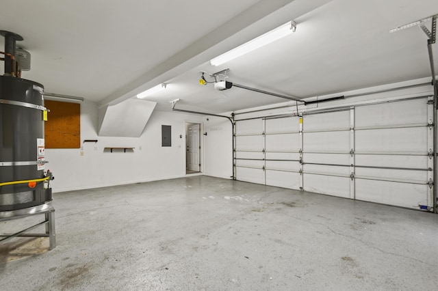 garage featuring electric panel, water heater, and a garage door opener