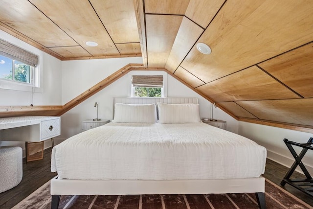 bedroom with wooden ceiling, multiple windows, wood finished floors, and vaulted ceiling