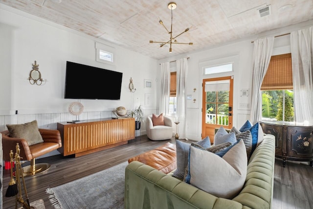 living room featuring a chandelier, wood finished floors, wood ceiling, and wainscoting
