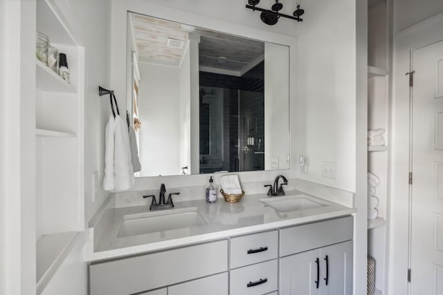 full bathroom with a stall shower and double vanity