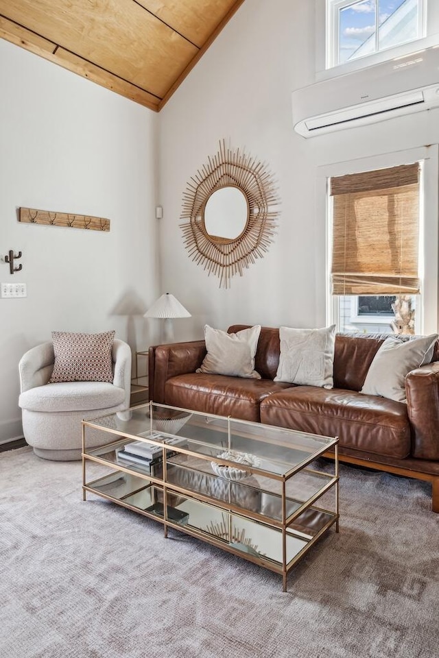 living area with a wall unit AC, carpet floors, wood ceiling, and high vaulted ceiling