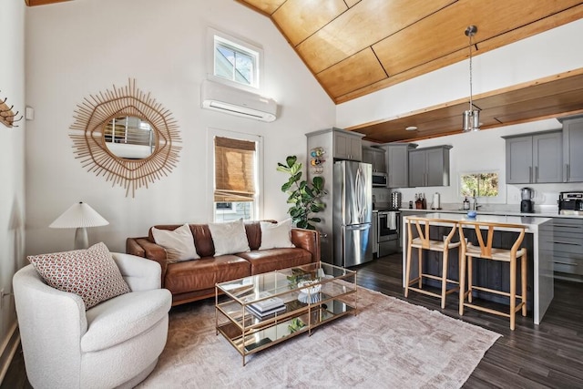 living room with a wall unit AC, dark wood-style floors, and high vaulted ceiling
