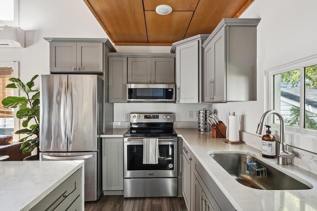 kitchen featuring stainless steel appliances, a sink, gray cabinets, wooden ceiling, and light stone countertops