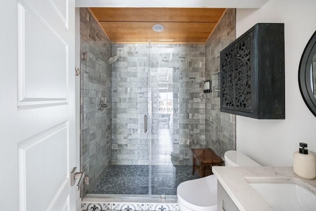 full bathroom with a shower stall, toilet, and vanity