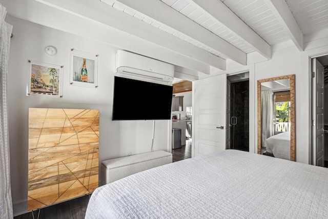 bedroom featuring a wall mounted AC, wood finished floors, and beamed ceiling
