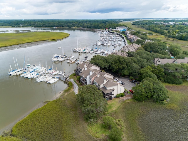 aerial view featuring a water view