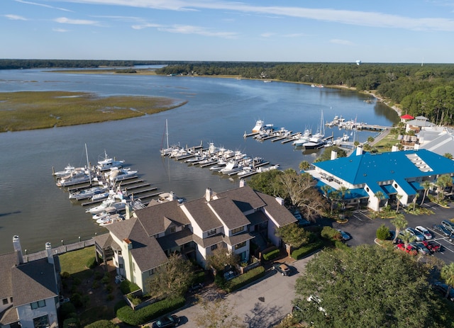 drone / aerial view with a forest view and a water view