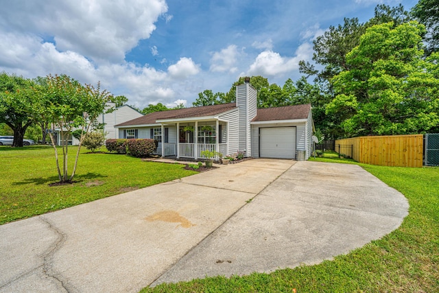 single story home featuring a garage, a front lawn, fence, a porch, and driveway