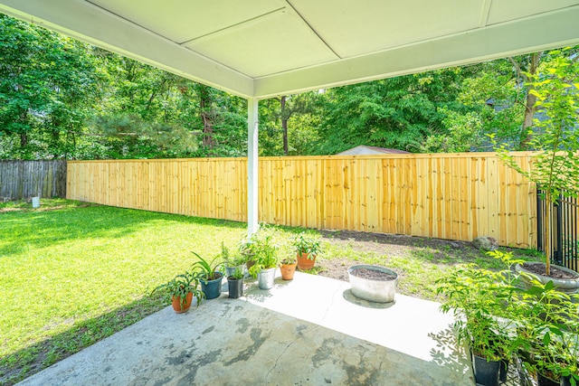 view of yard with a fenced backyard and a patio area