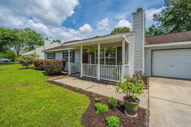 ranch-style house with a porch, a chimney, a front lawn, concrete driveway, and an attached garage