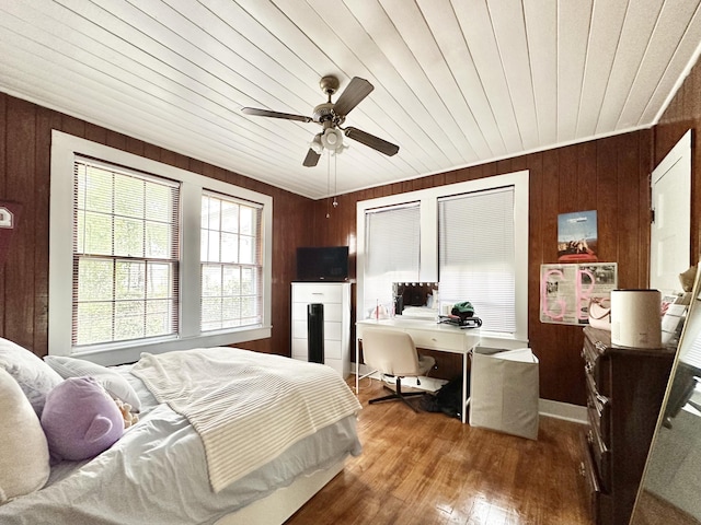 bedroom with ceiling fan, wood walls, wood-type flooring, and wood ceiling