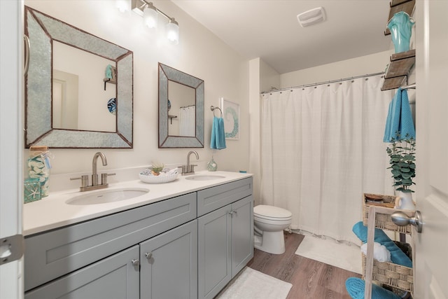 bathroom with vanity, hardwood / wood-style flooring, and toilet