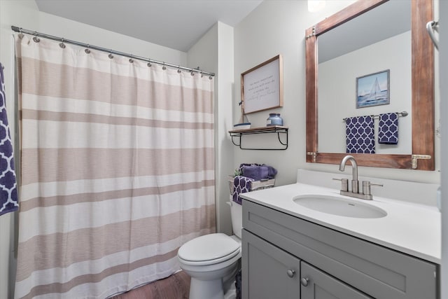 bathroom with toilet, vanity, and wood-type flooring