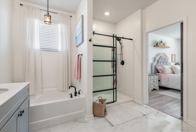 bathroom featuring wood-type flooring, independent shower and bath, and vanity