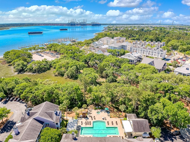 birds eye view of property featuring a water view