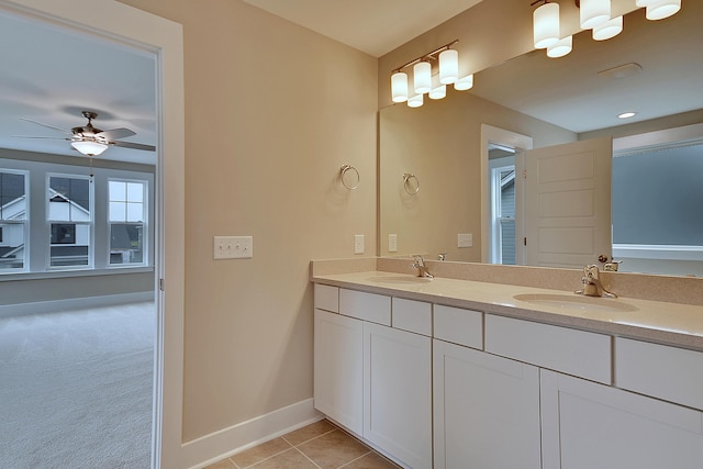 bathroom featuring ceiling fan, tile patterned floors, and vanity