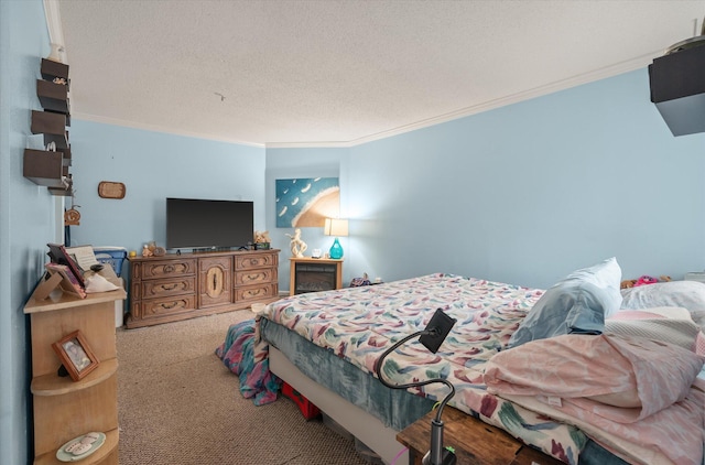 carpeted bedroom with crown molding and a textured ceiling